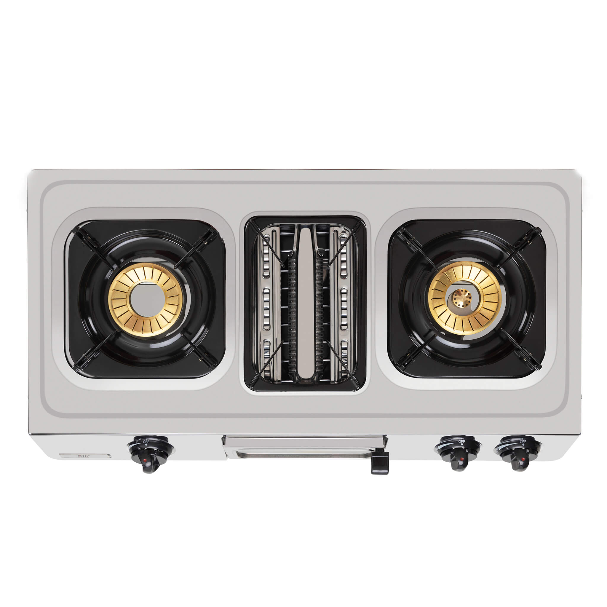 Stainless steel gas cooktop with two burners top view