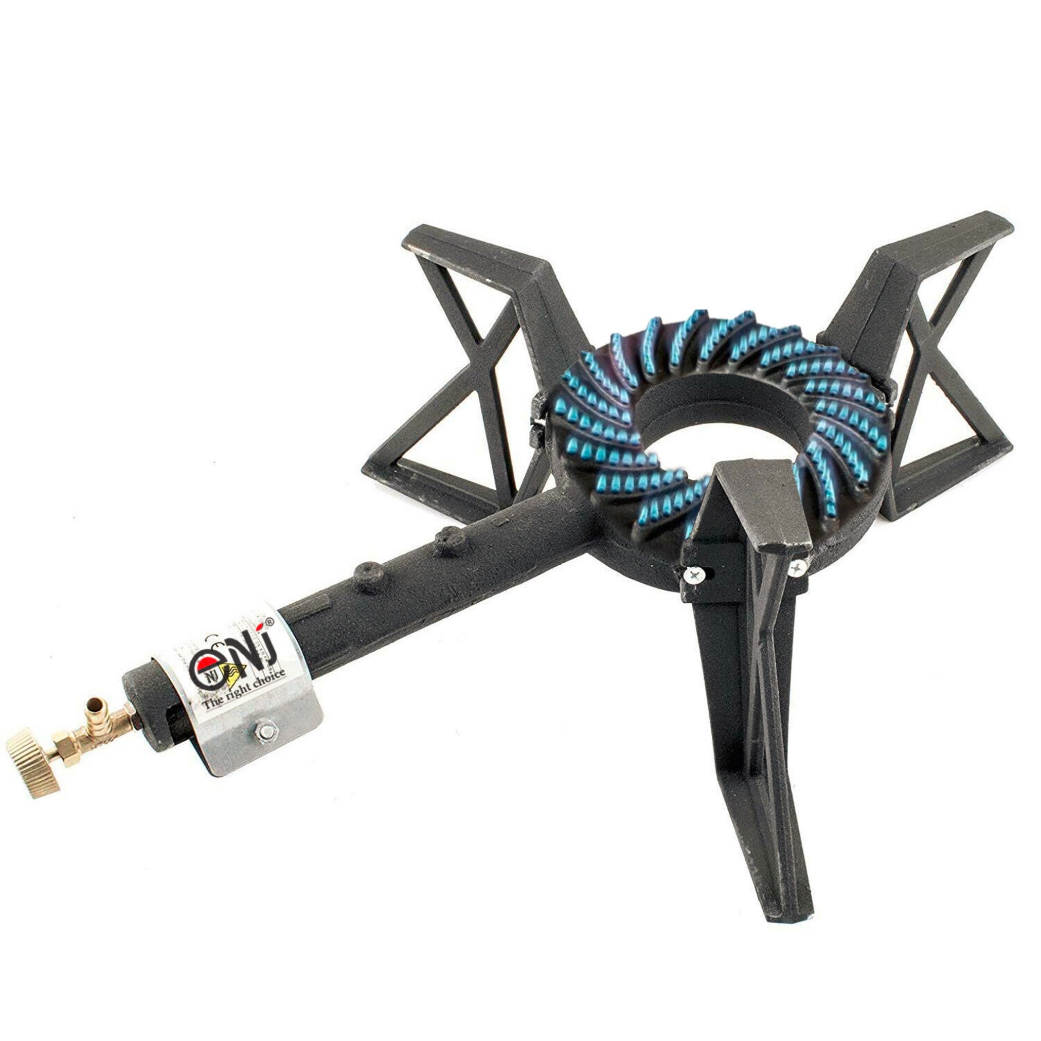 A black cast iron single burner tripod boiling ring gas stove.