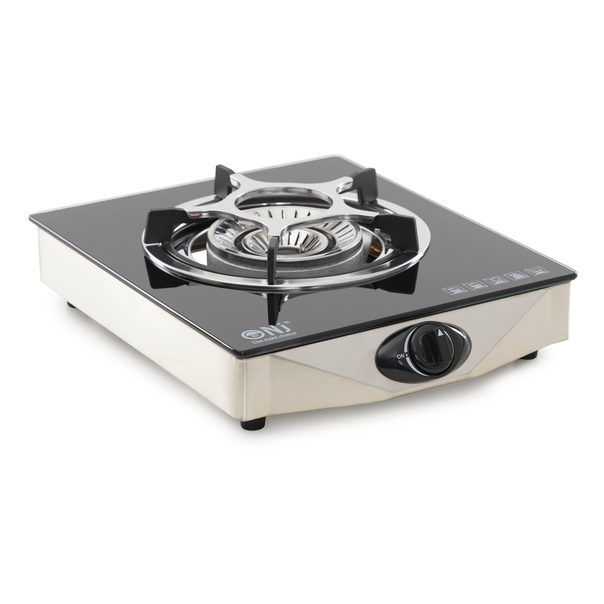 Single burner gas stove on a white background