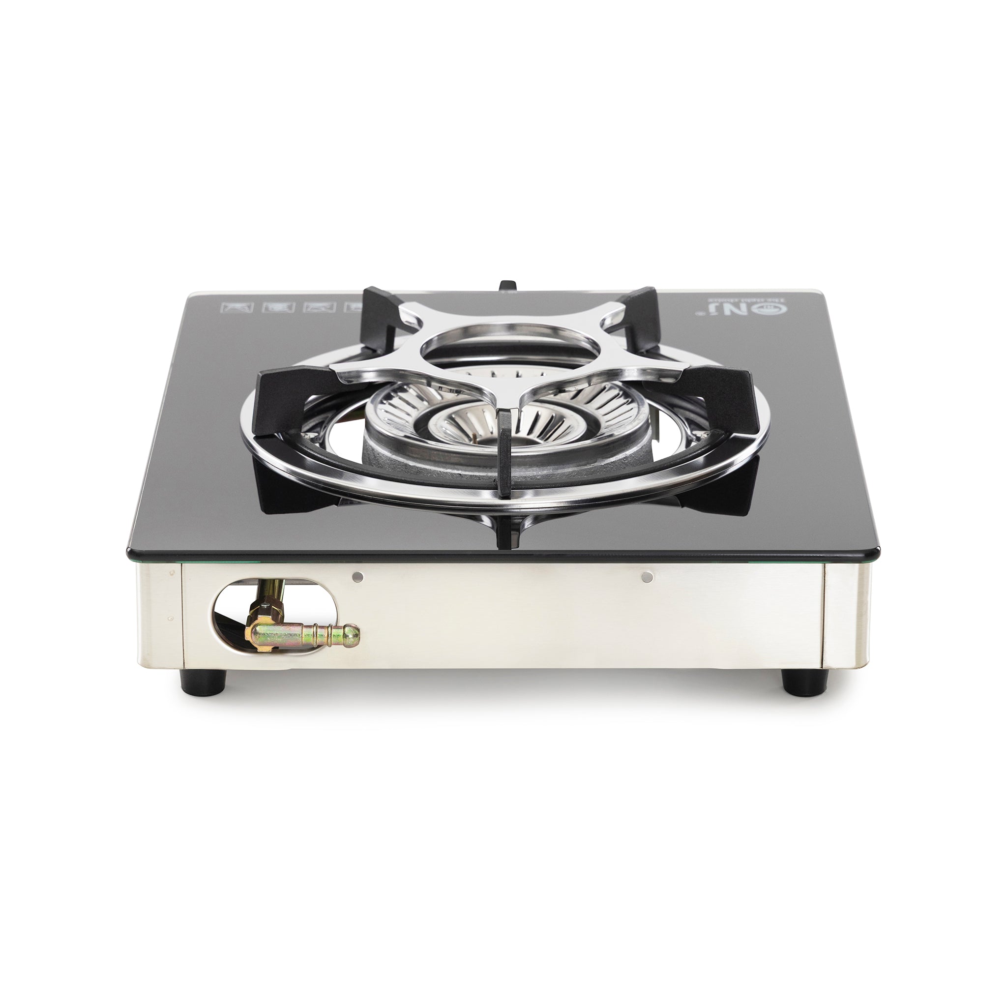 Portable gas stove with black glass cooktop on a white background