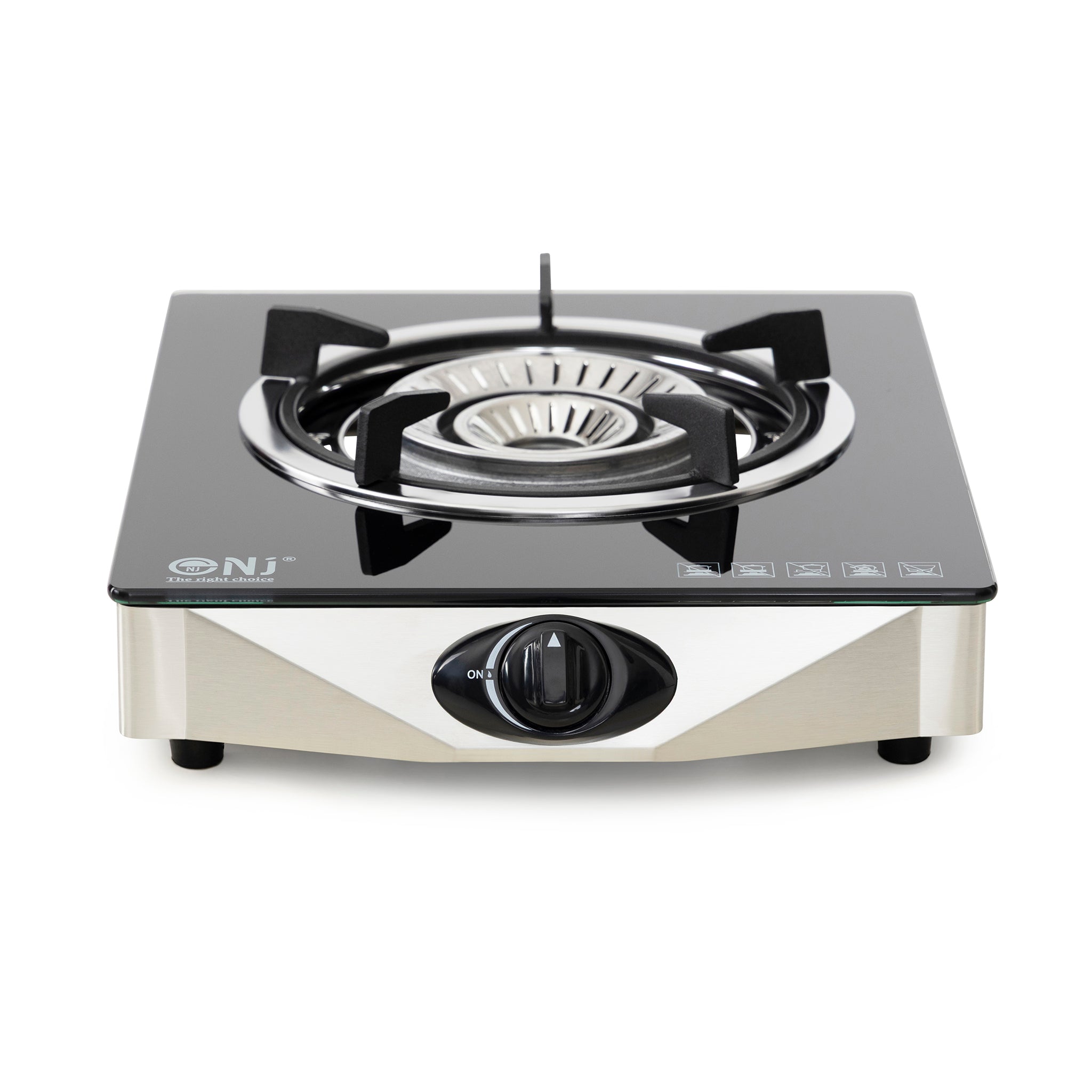 Single burner gas stove with black glass cooktop on a white background