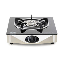 Single burner gas stove with black glass cooktop on a white background