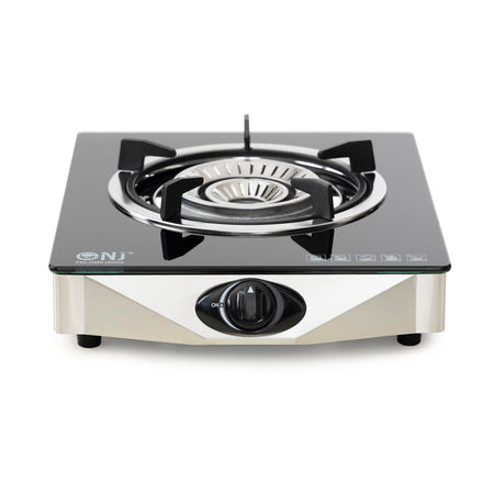 Single burner gas stove with black glass cooktop on a white background