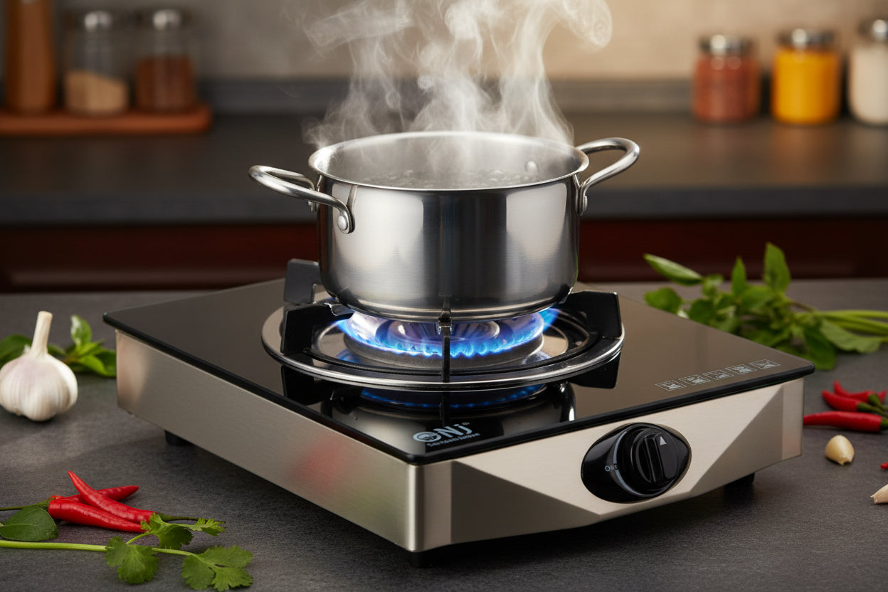 Stovetop with a pot on a gas burner in a kitchen setting