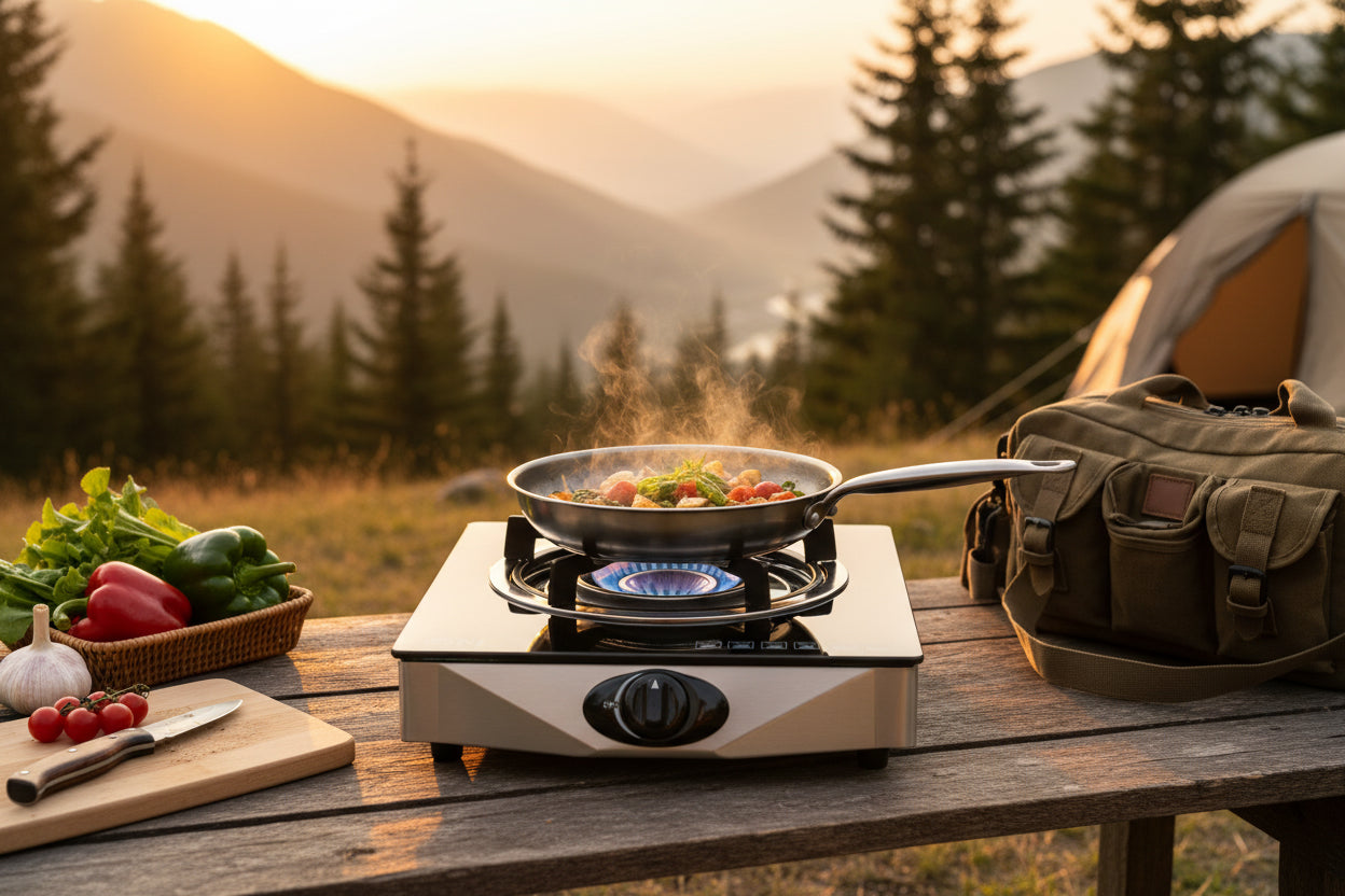 Stovetop with a pot on a gas burner at campsite