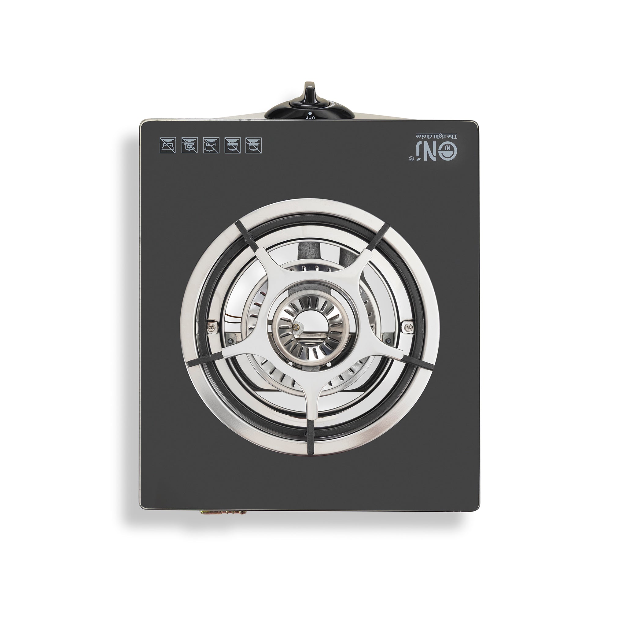 Gas stove with black surface and silver burner on a white background