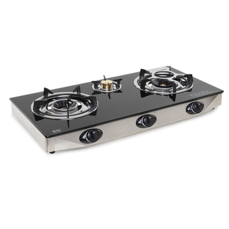 Portable Three-burner gas cooktop black tempered glass on a white background