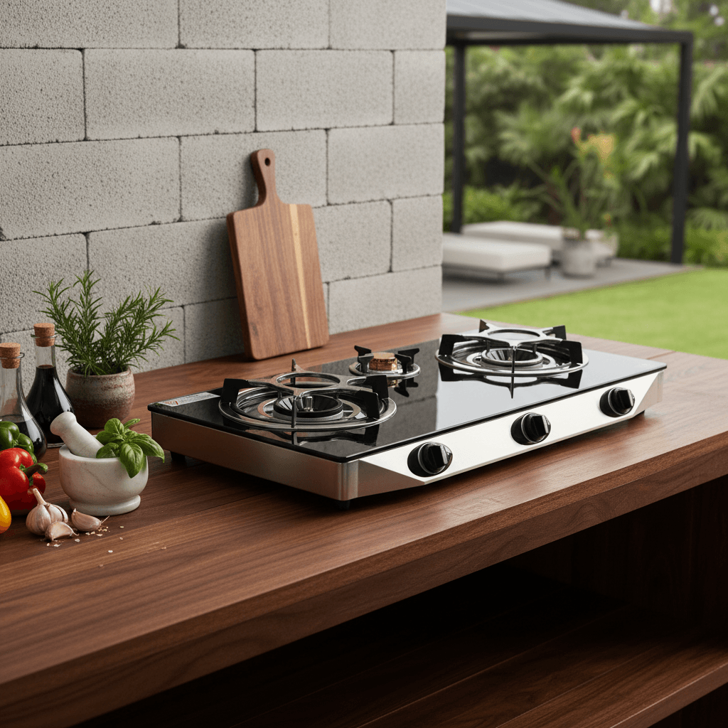 Triple gas stove used outdoors on a countertop styled in a clean outdoor kitchen