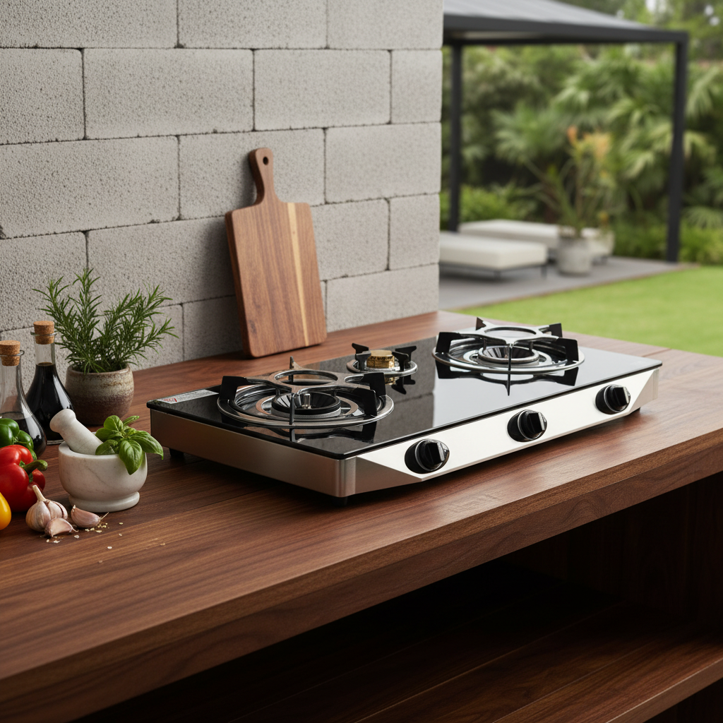 Triple gas stove used outdoors on a countertop styled in a clean outdoor kitchen