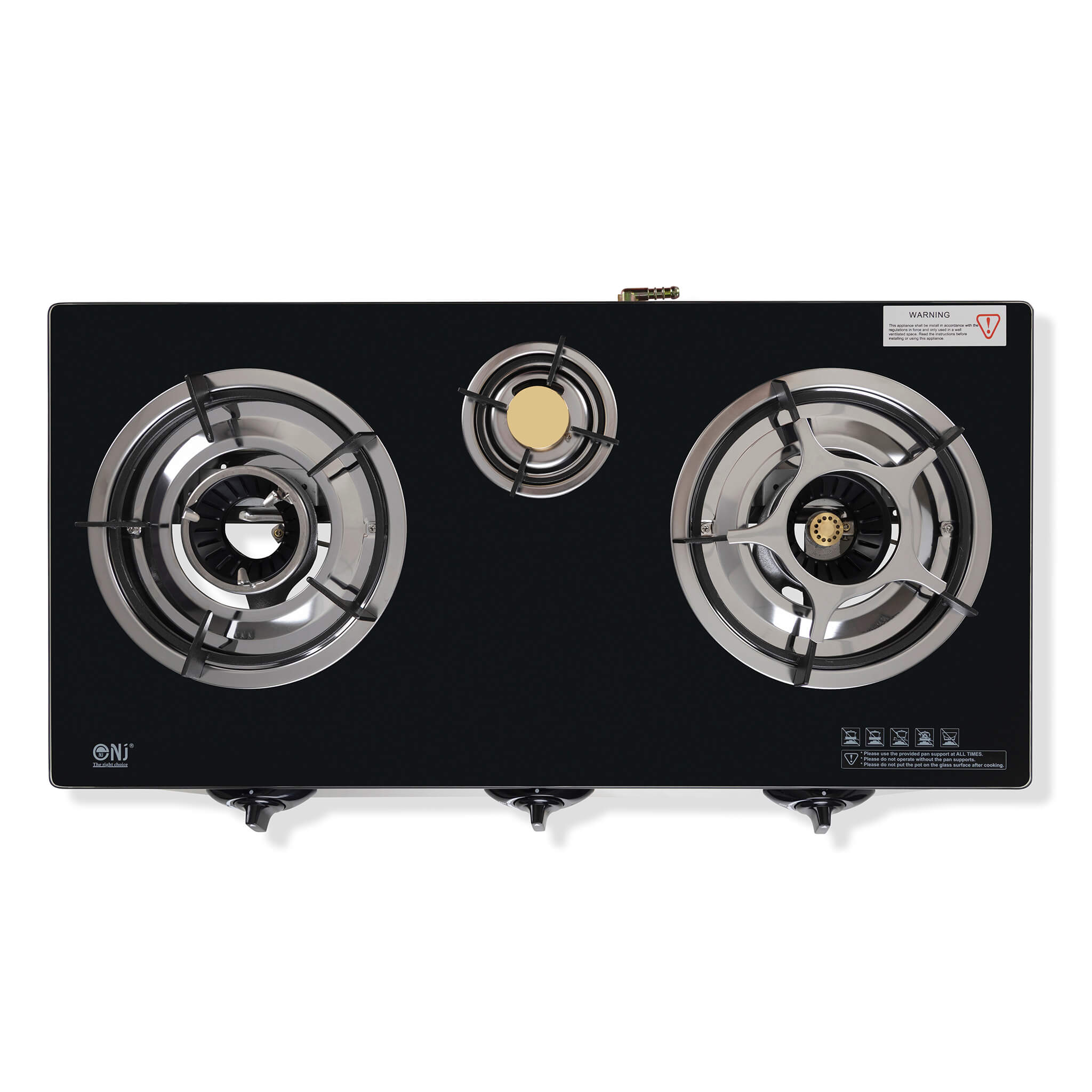 Top view of black indoor gas stove with three burners on a white background