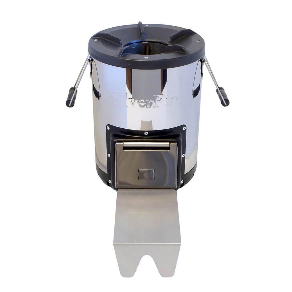 Stainless steel camping stove fueled by twigs, sticks, and natural materials