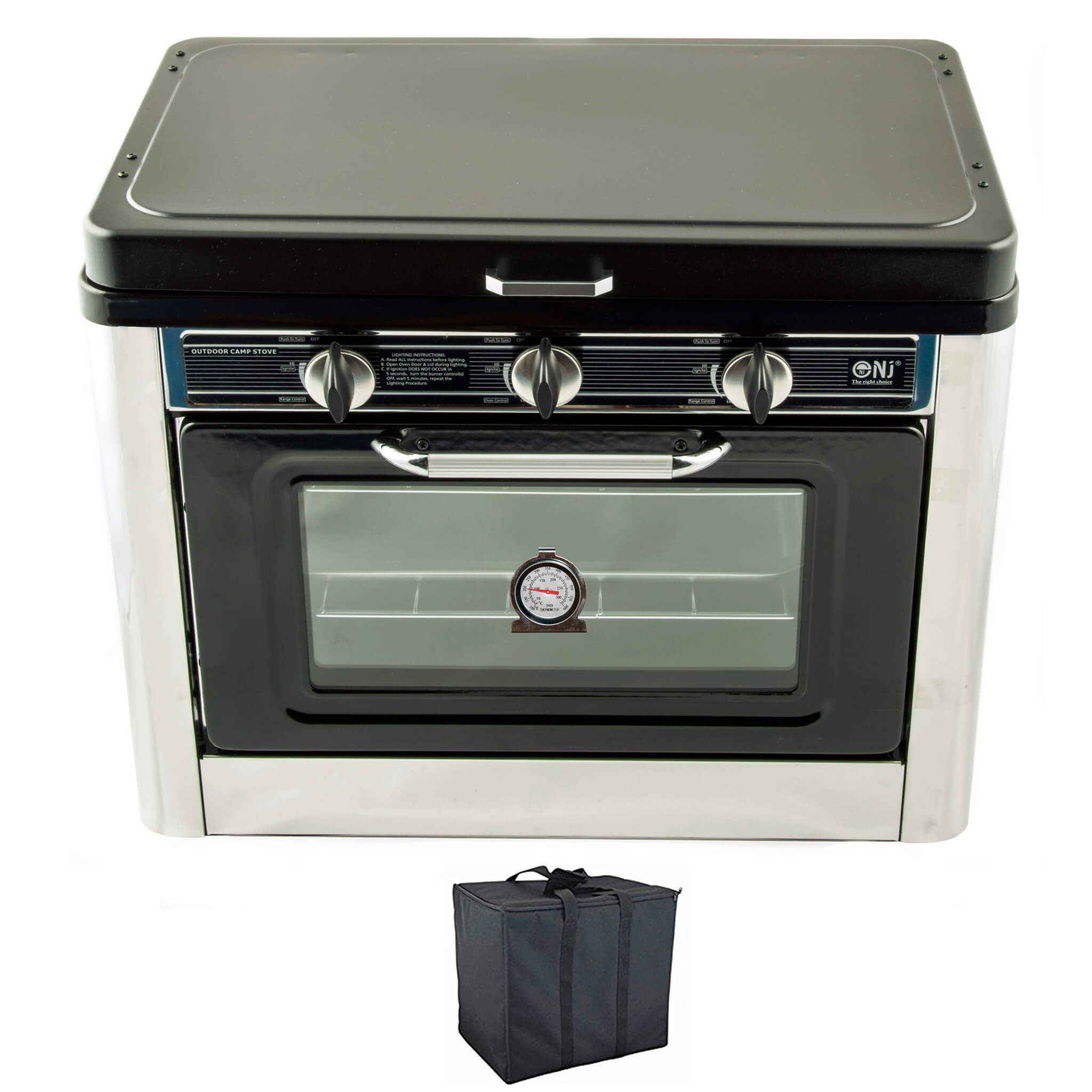 Stainless steel oven with black lid and a black bag 
