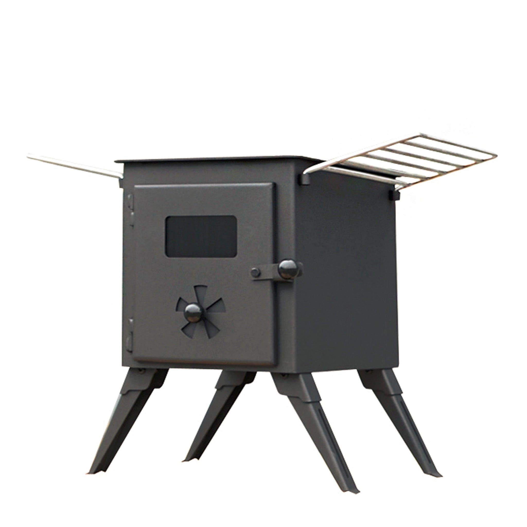 A black portable freestanding cold rolled steel camping heater, which also serves as a wood stove with a drying rack on top.