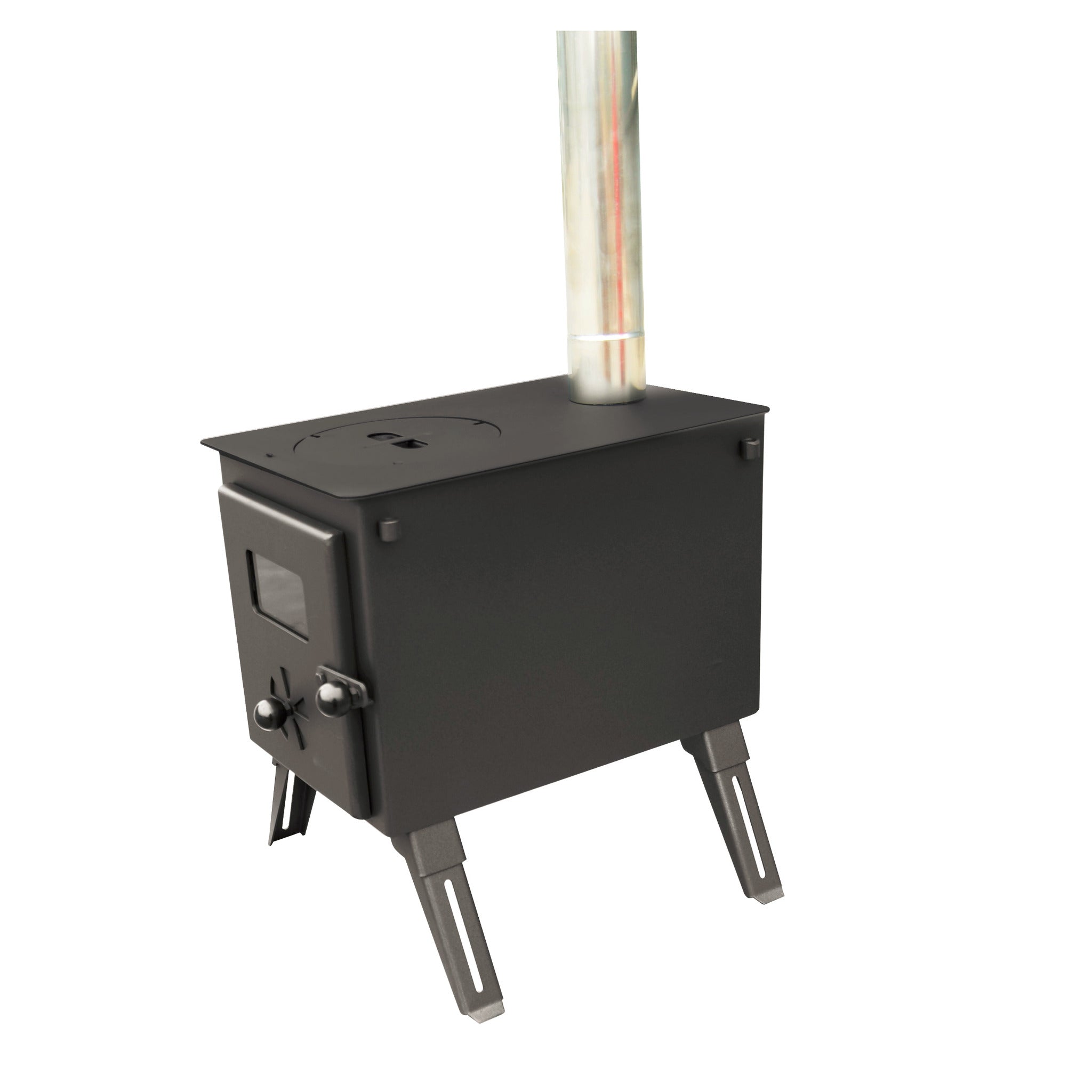 Black metal stove with a chimney on a white background