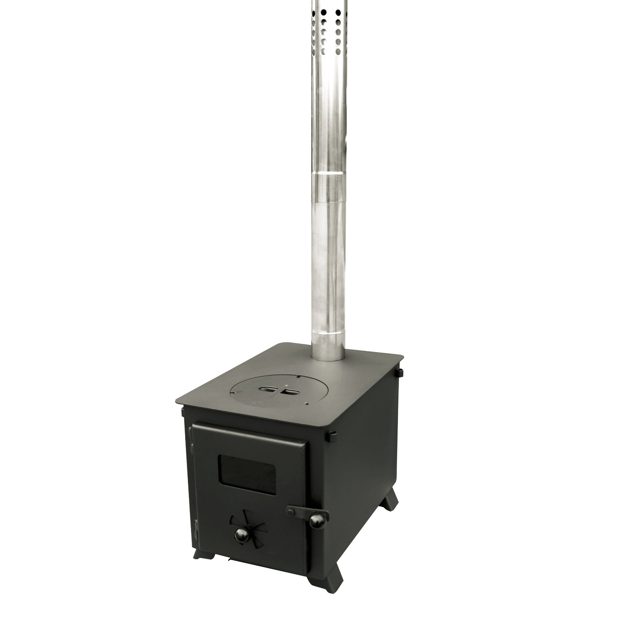 Portable wood burning stove with a chimney on a white background