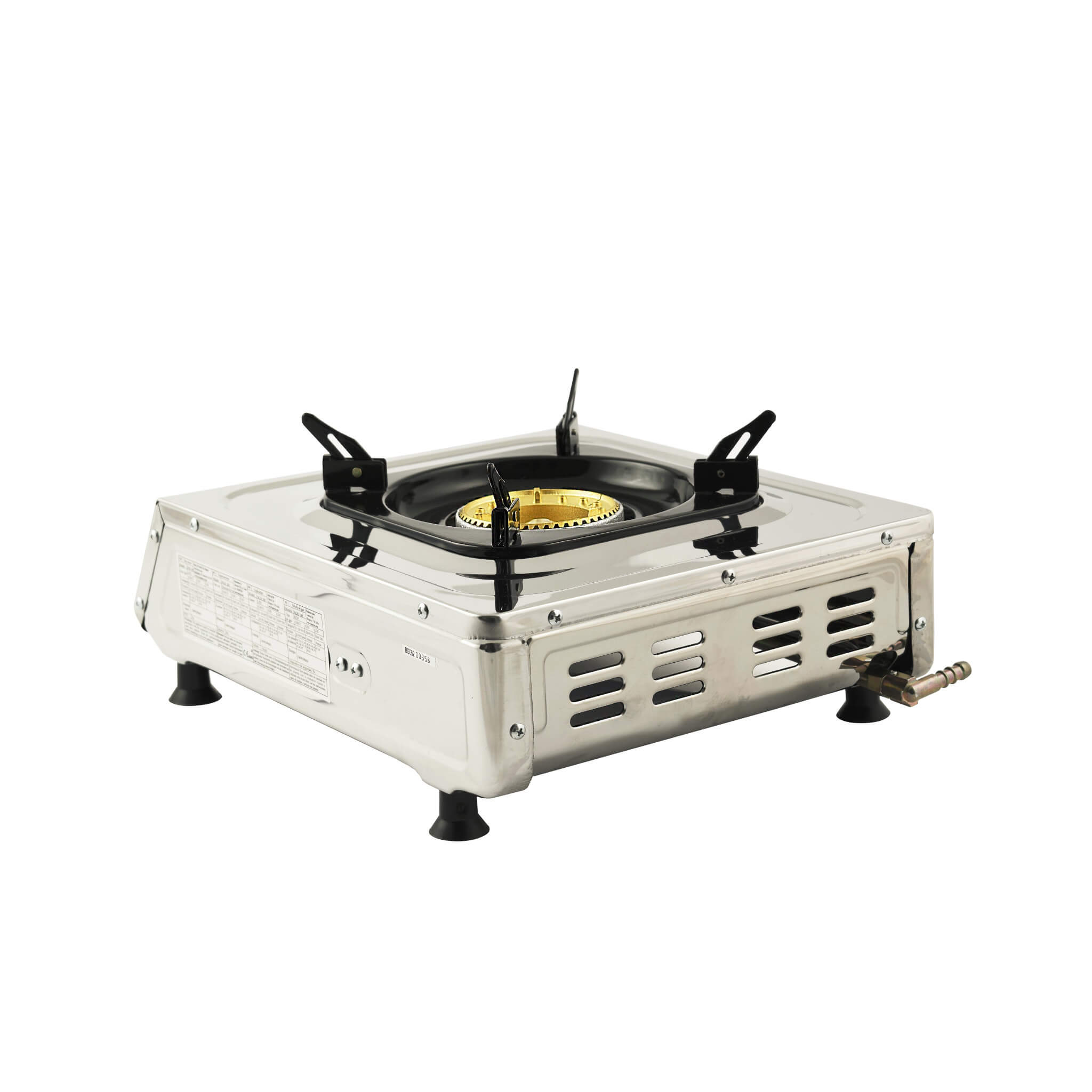 Portable gas stove with wok pan support on a white background