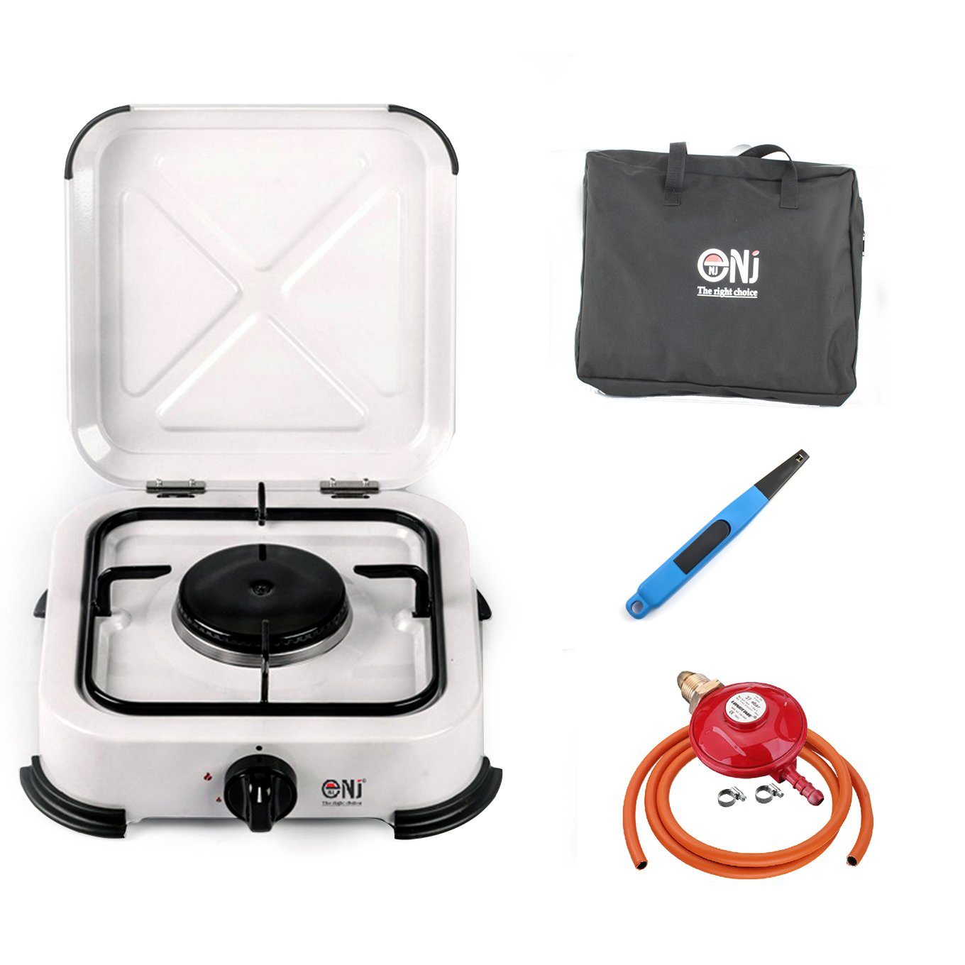NJ-01 Portable 1 Burner Gas Stove with piezo lighter, carry bag and propane regulator set