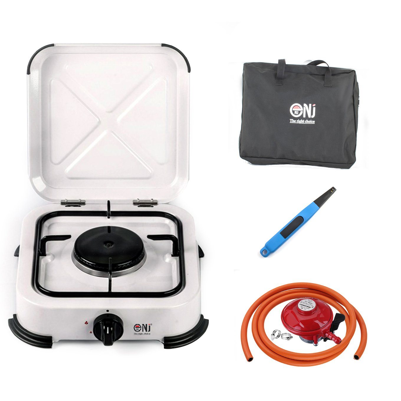 NJ-01 Portable 1 Burner Gas Stove with piezo lighter, carry bag and propane regulator set