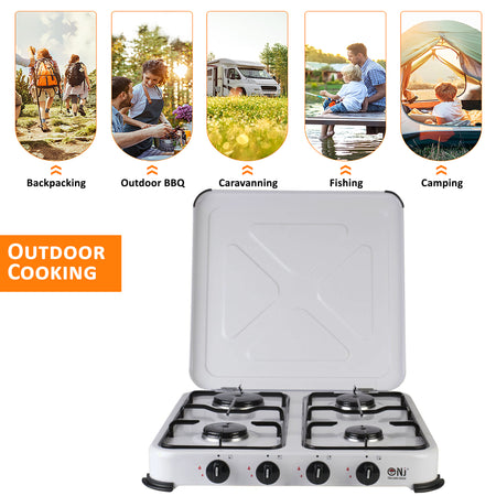 NJ-04 Camping Gas Stove 4 Burner Enamel Lid Outdoor