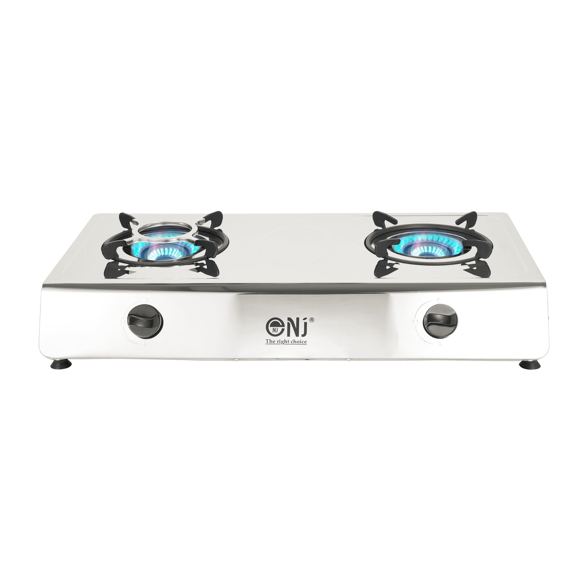A portable double burner gas stove with a stainless steel finish, featuring an automatic piezo ignition and cast iron pan supports.