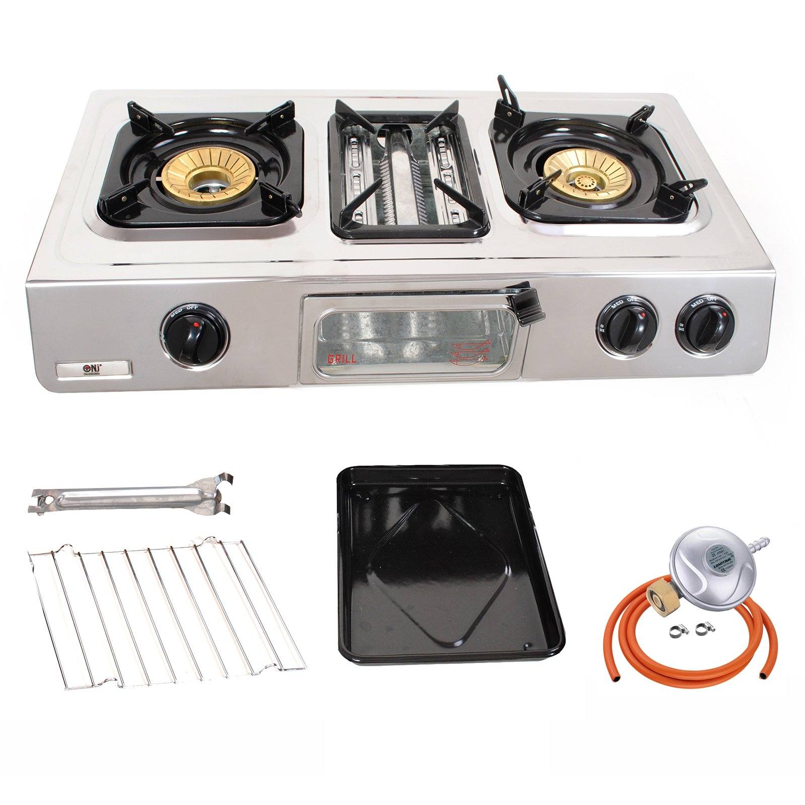NJ GC-87 Portable Gas Stove 3 Burners LPG 9.7 kW with Butane Regulator Screw-on