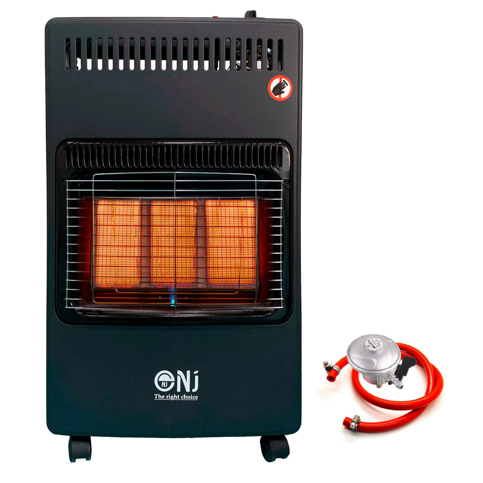 A portable black mobile foldable room gas heater with visible heating elements and control knob, accompanied by a butane gas regulator and a standard gas hose.