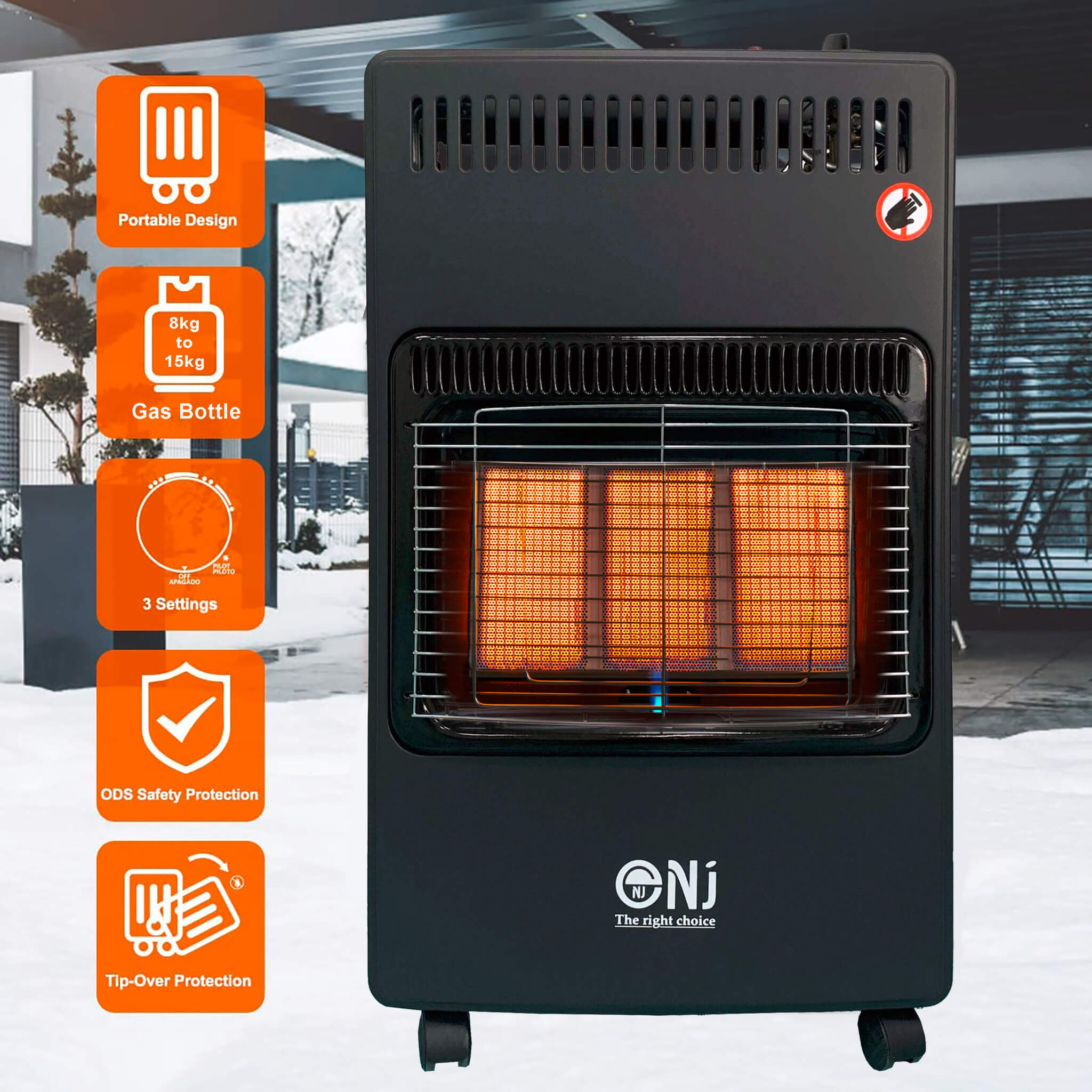 Portable gas heater with safety features and NJ branding in a snowy outdoor background.