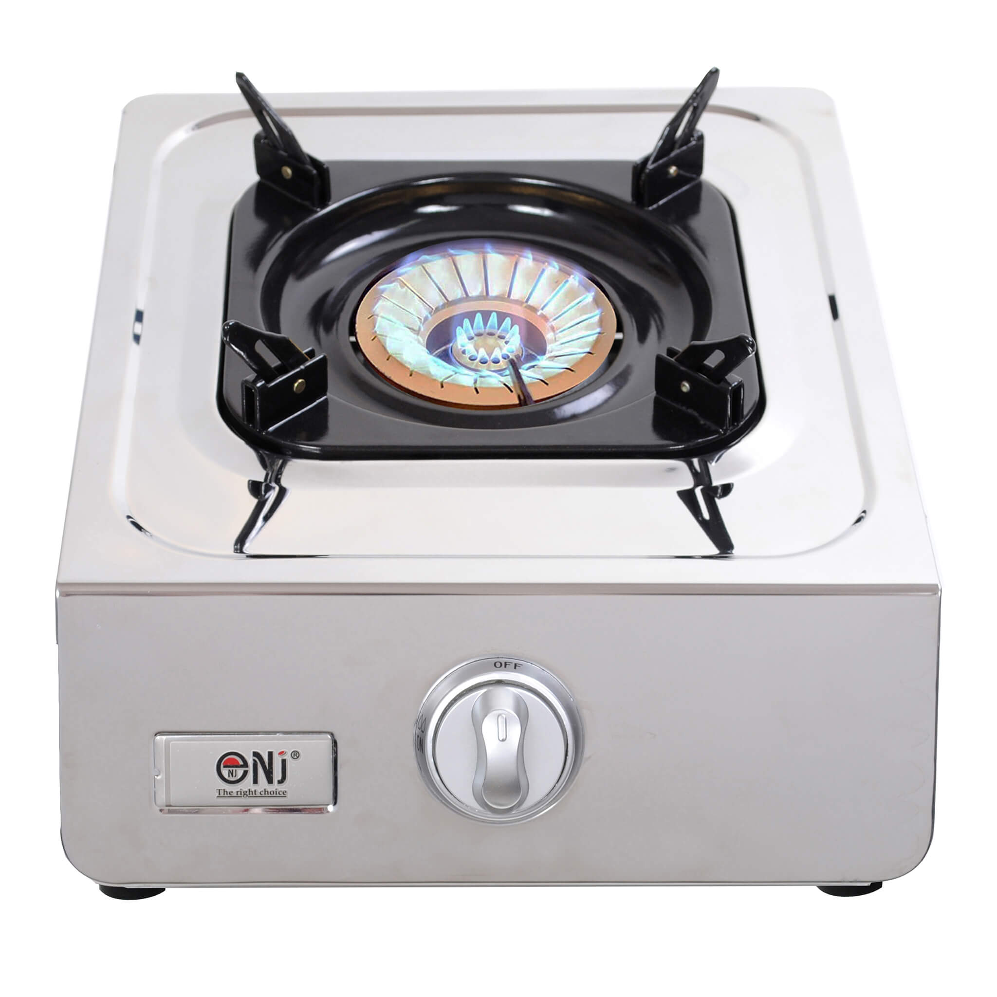 Single-burner gas stove with visible blue flame