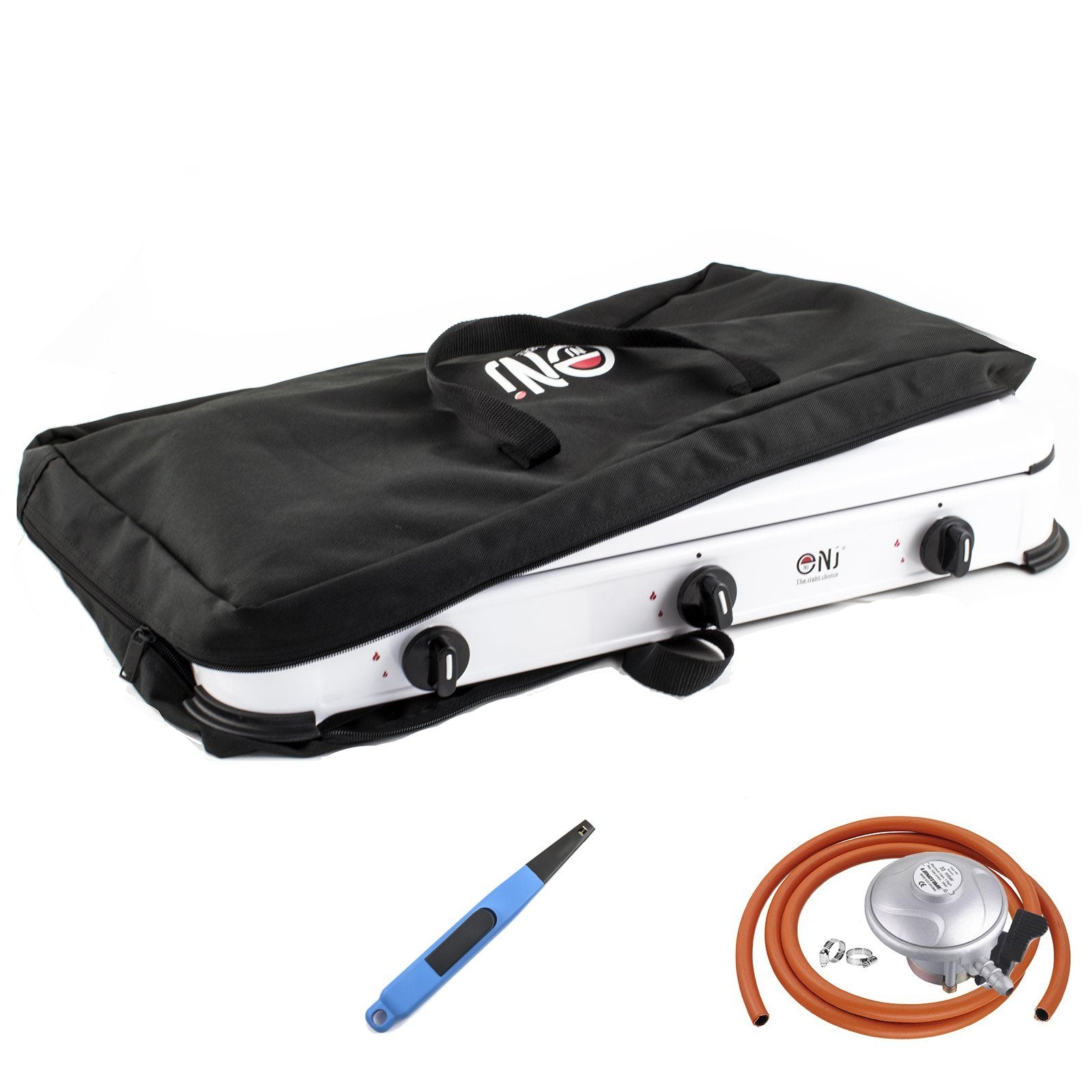 NJ-03 Outdoor Camping Gas Stove 3 Burners with Carry Bag Piezo Lighter and Butane Regulator Clip-on