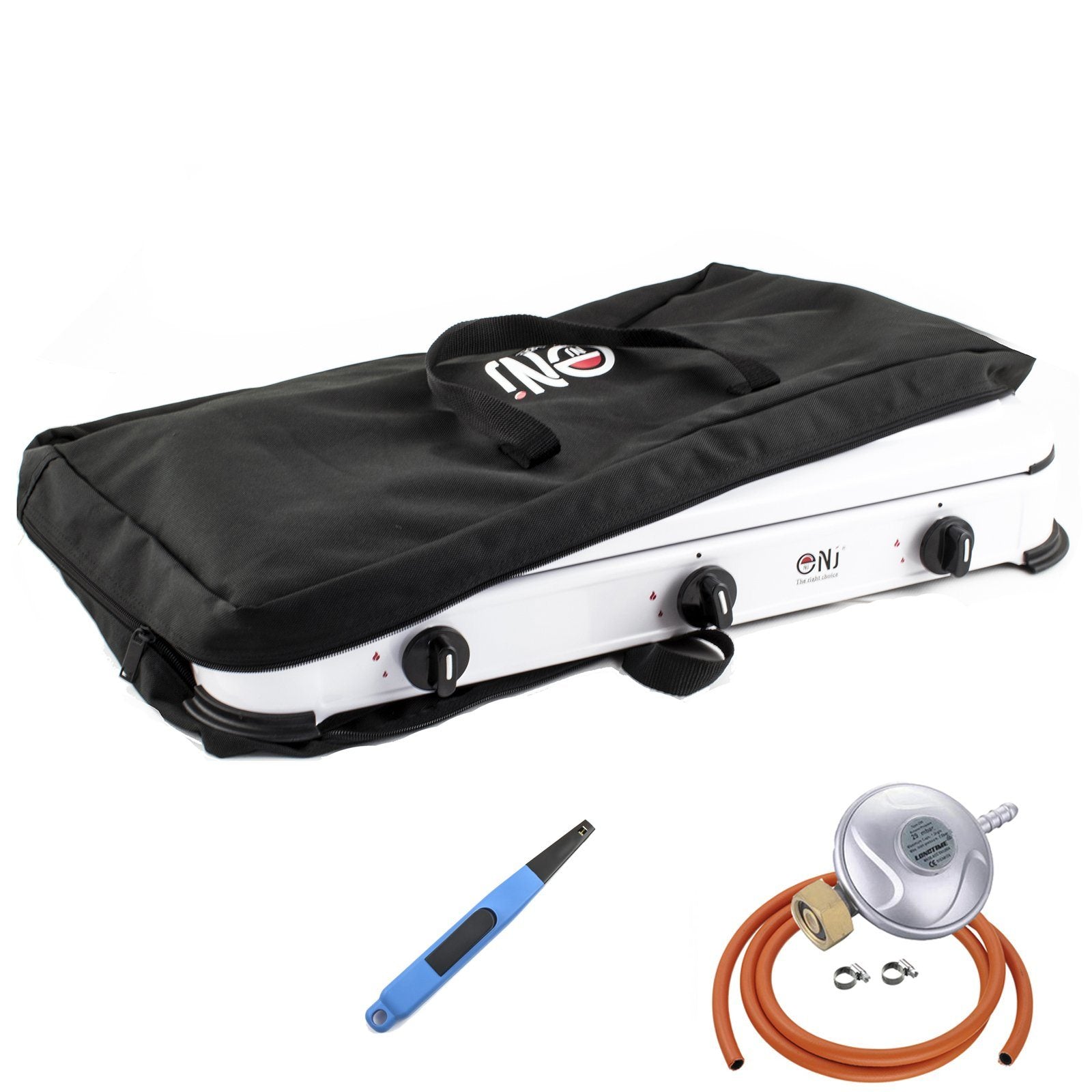NJ-03 Outdoor Camping Gas Stove 3 Burners with Carry Bag Piezo Lighter and Butane Regulator Screw-on