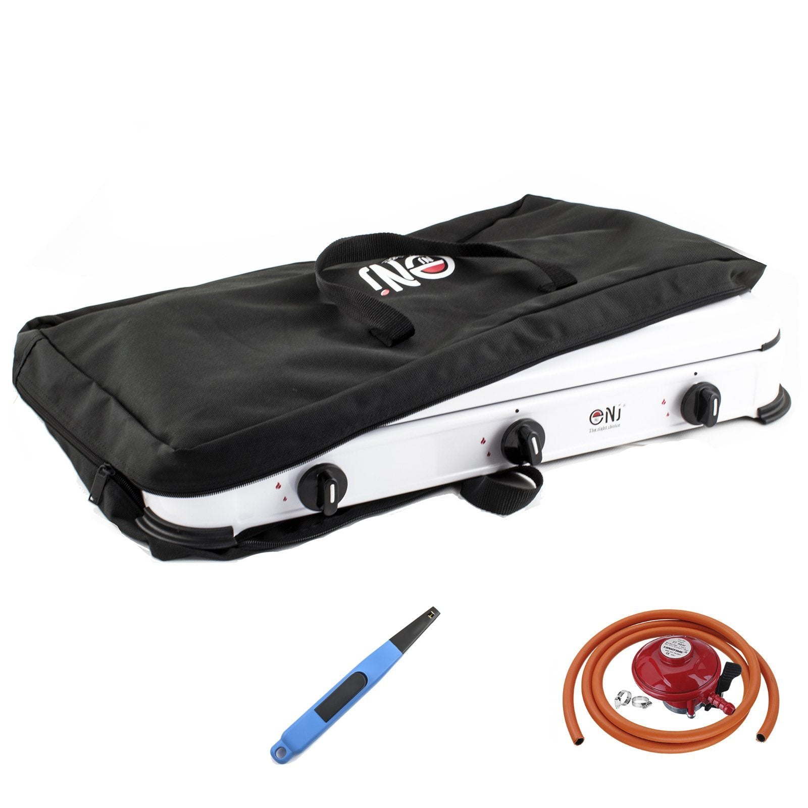 NJ-03 Outdoor Camping Gas Stove 3 Burners with Carry Bag Piezo Lighter and Propane Regulator Clip-on