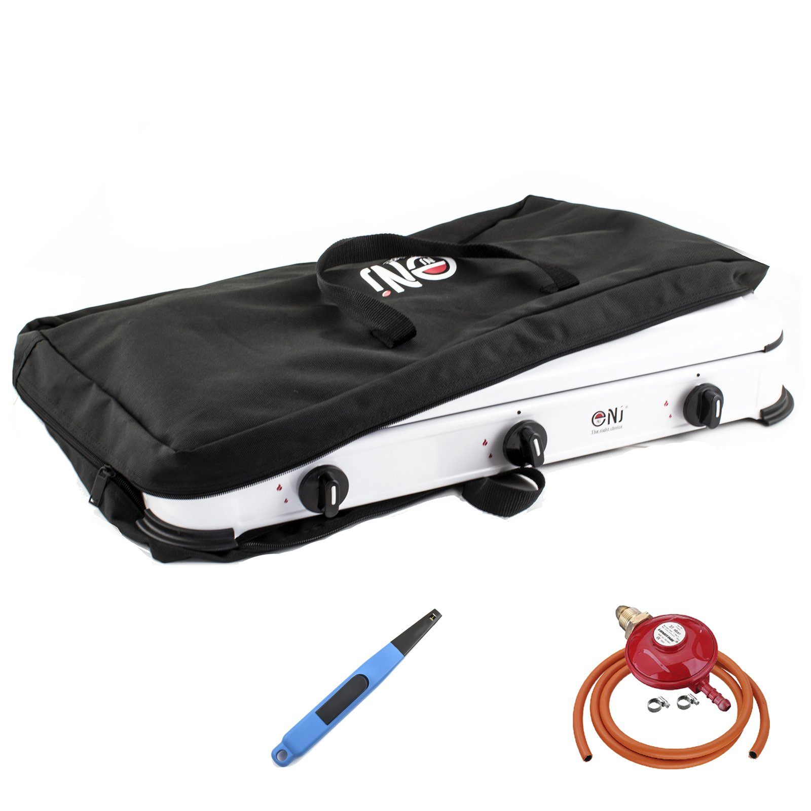 NJ-03 Outdoor Camping Gas Stove 3 Burners with Carry Bag Piezo Lighter and Propane Regulator Screw-on
