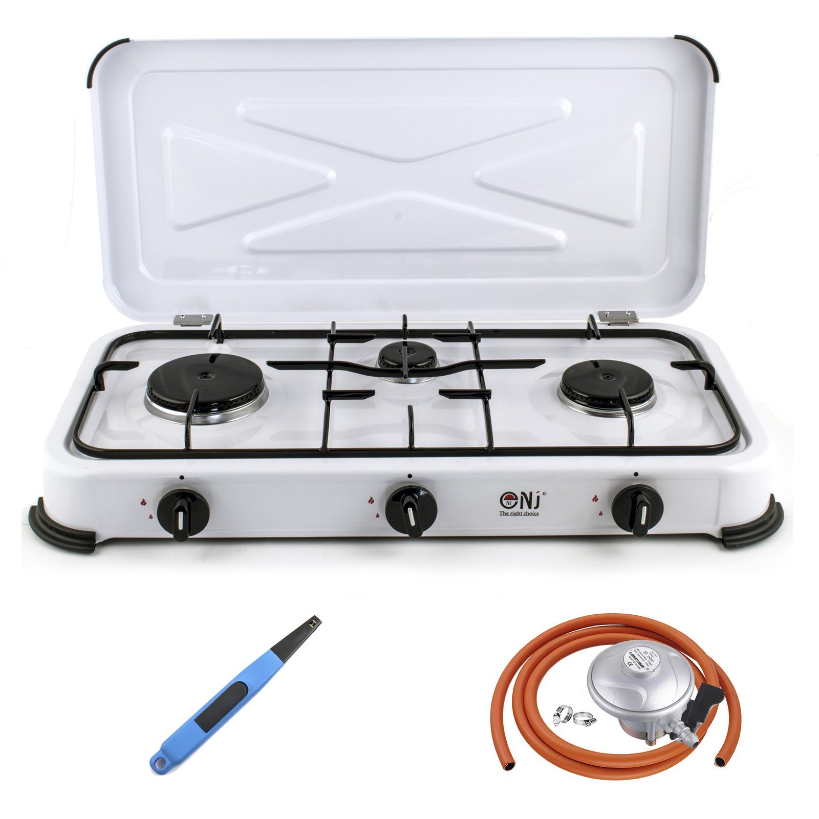 NJ-03 Outdoor Camping Gas Stove 3 Burners with Piezo Lighter and Butane Regulator Clip-on