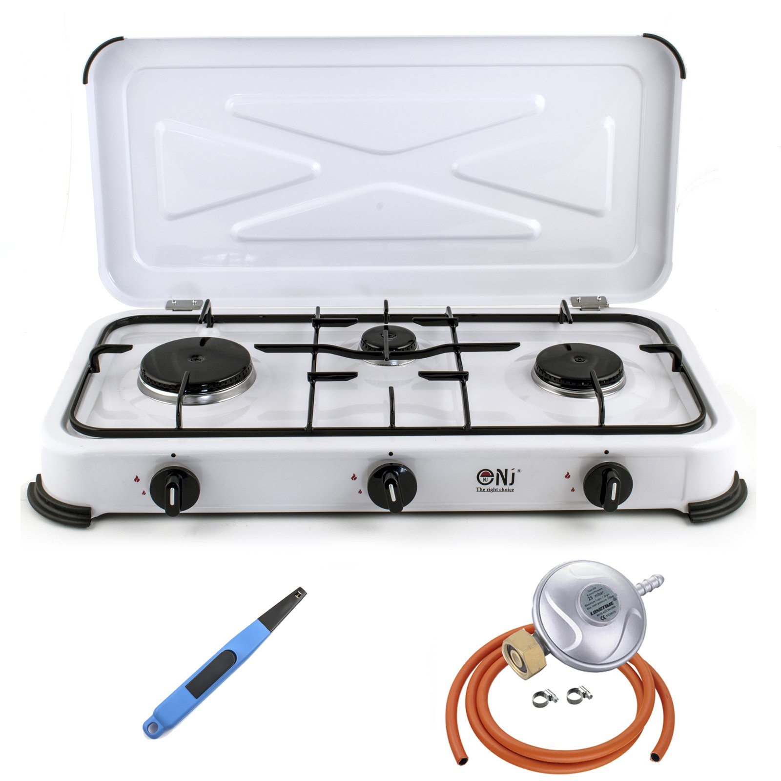 NJ-03 Outdoor Camping Gas Stove 3 Burners with Piezo Lighter and Butane Regulator Screw-on