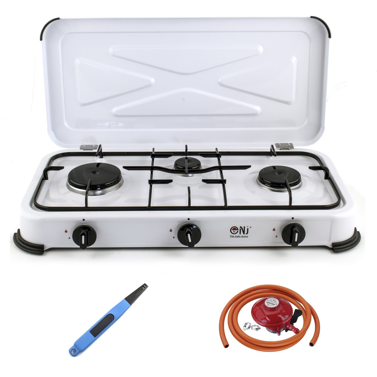 NJ-03 Outdoor Camping Gas Stove 3 Burners with Piezo Lighter and Propane Regulator Clip-on