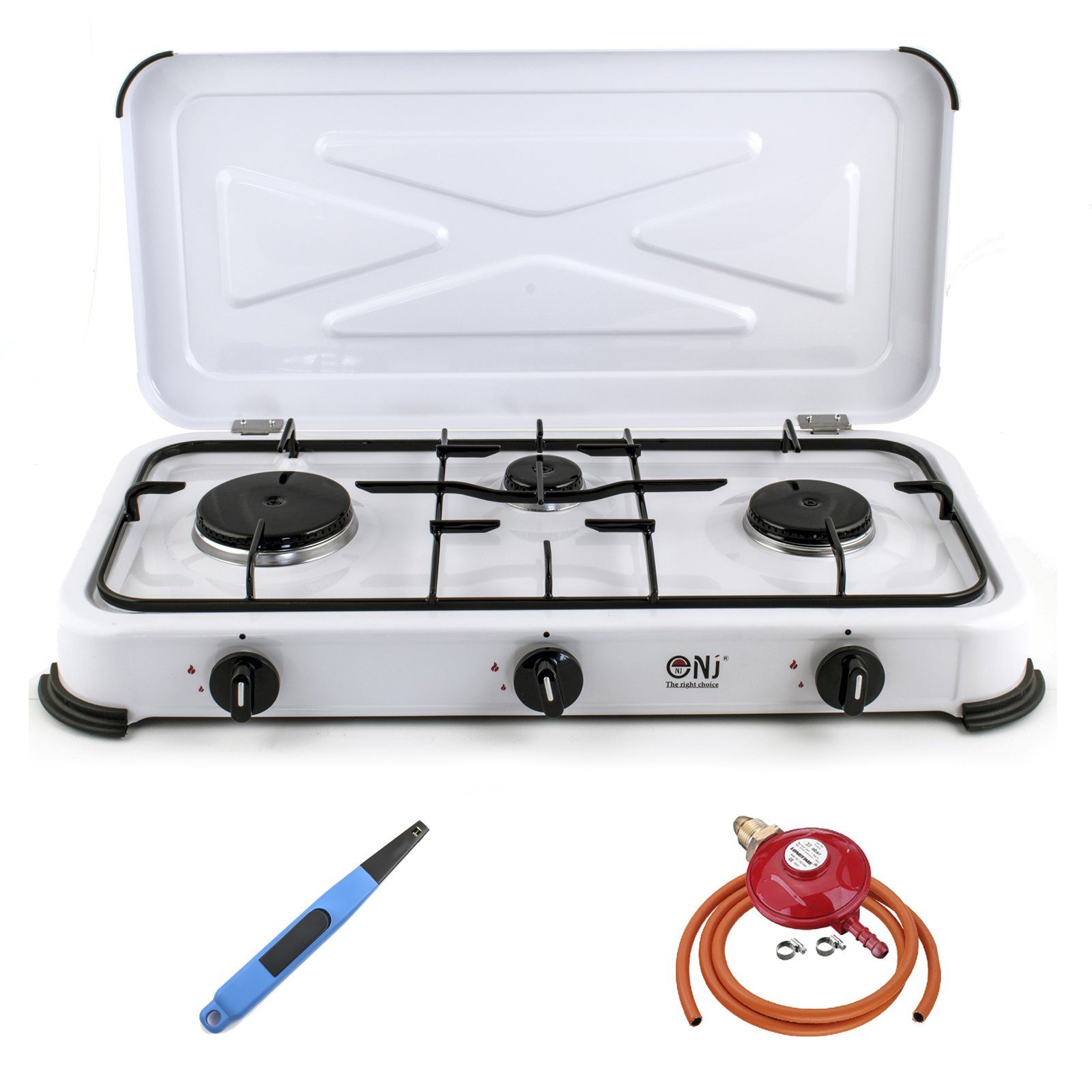 NJ-03 Outdoor Camping Gas Stove 3 Burners with Piezo Lighter and Propane Regulator Screw-on