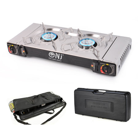 NJ SG-2S Portable Double Burner Stainless Steel Camp Gas Stove Butane BBQ Outdoor Cooker