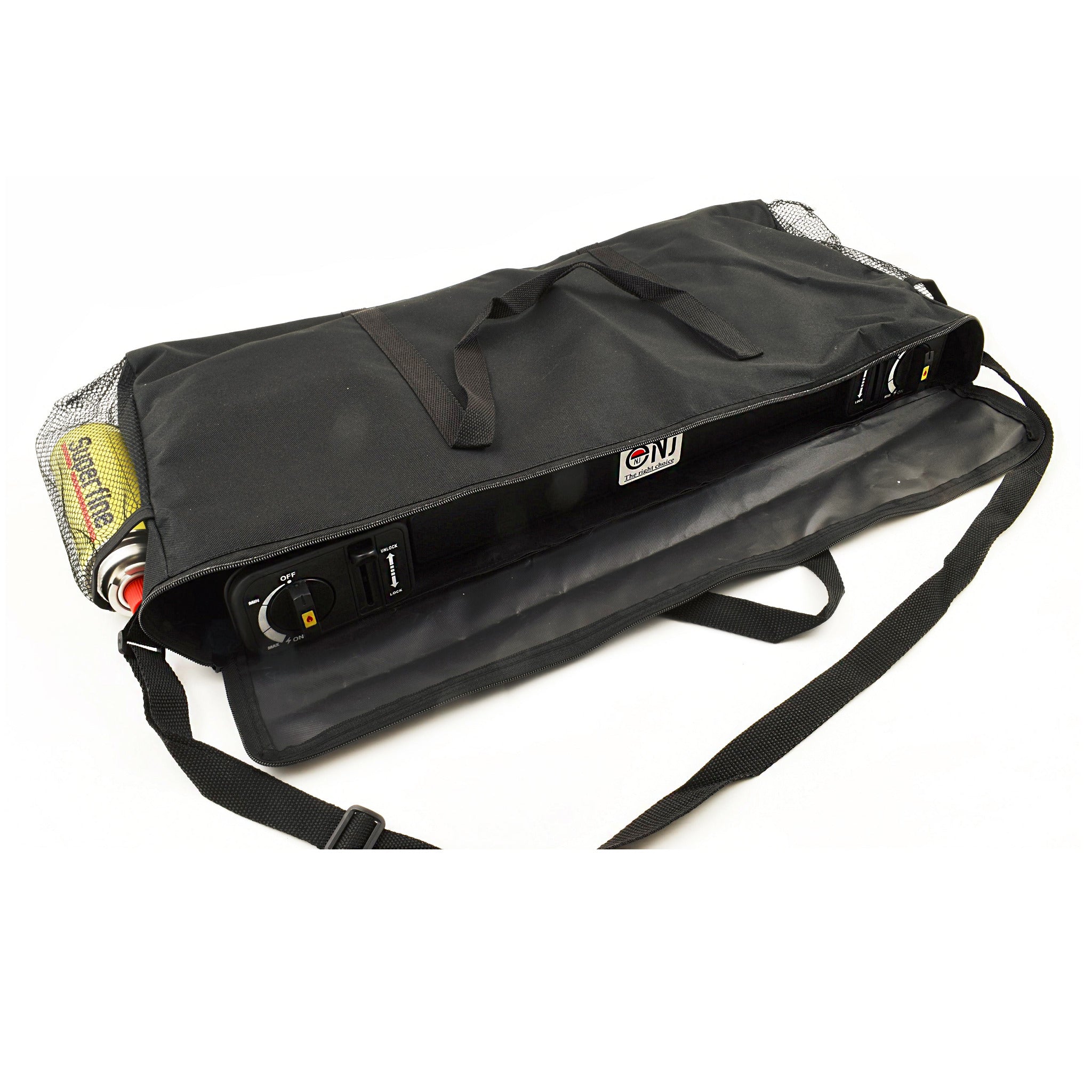 Black carry bag for a portable double camping gas stove with a shoulder strap and handles.