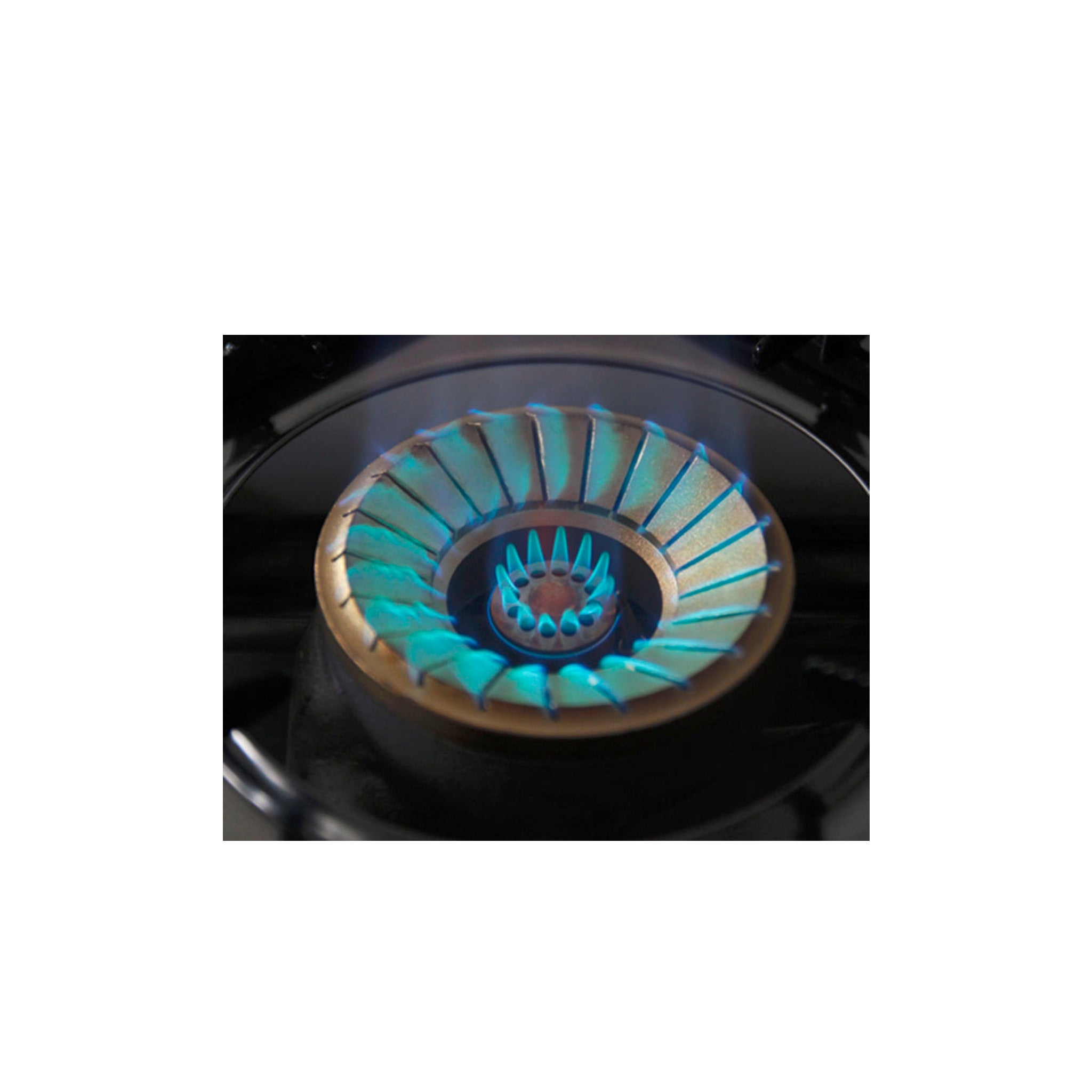 Close-up of a gas stove burner with blue flames on a white background