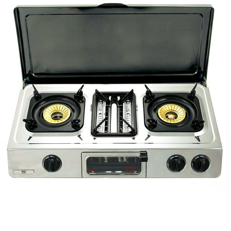 A portable stainless steel gas stove with three burners and a lid.
